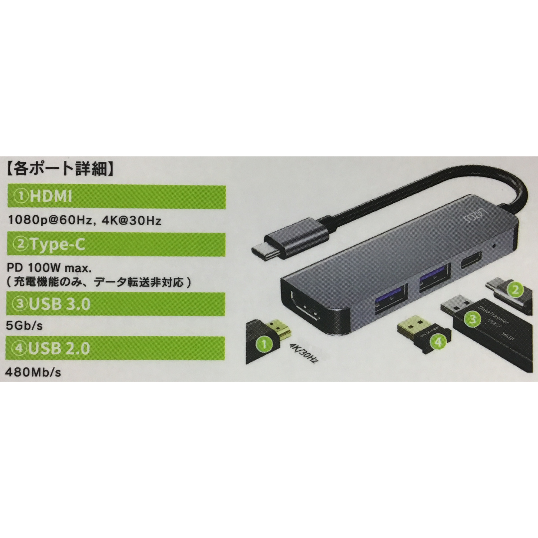 Type-C 4in1 変換アダプター LAZOS L-CHU4【新品】